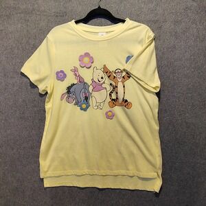 Disney‎ Winnie the Pooh Eeyore Tigger Piglet Yellow Graphic Crochet  T Shirt L G